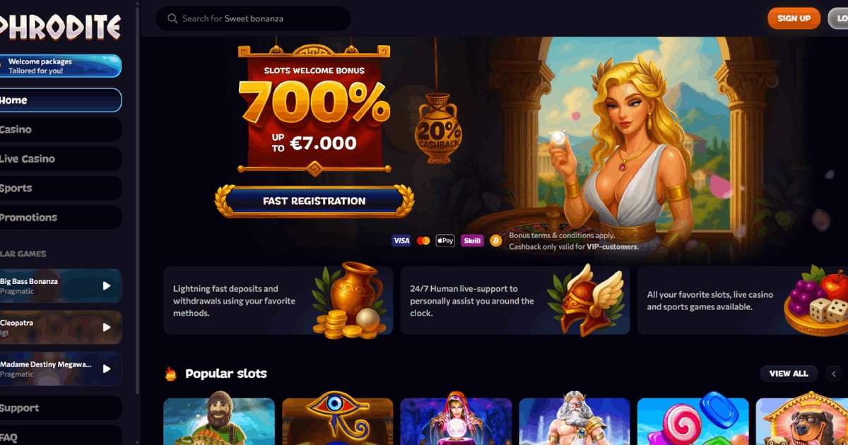 Interface Aphrodite Casino - programme VIP sans contrainte de mise